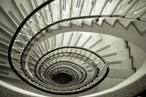 Prints of High angle view of a winding staircase Architecture Prints: Winding Staircase High Angle Print