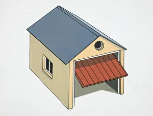Artwork of a garage with the main door opening Artwork of a garage with the main door opening