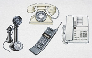 Assorted telephones from various stages in history, front view Assorted telephones from various stages in history, front view