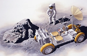 Astronaut standing near Lunar Roving Vehicle (LRV) and boulder on surface of moon, elevated view Astronaut standing near Lunar Roving Vehicle (LRV) and boulder on surface of moon, elevated view