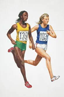 Two athletic women in vest and shorts running, side view Two athletic women in vest and shorts running, side view