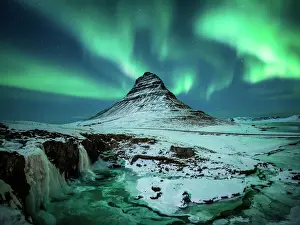 Prints of Aurora borealis over Kirkjufell during the night in Iceland Iceland Prints: Aurora Borealis Print over Kirkjufell at Night in Iceland