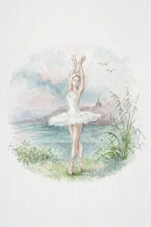 Ballerina in white tutu standing on pointes with arms stretched up, lake landscape in background Ballerina in white tutu standing on pointes with arms stretched up, lake landscape in background