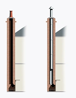 Basic chimney constructed of brick, and a chimney with a metal liner in it Basic chimney constructed of brick, and a chimney with a metal liner in it