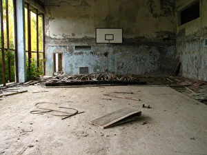 A basketball court in ruins at the Chernobyl nucle A basketball court in ruins at the Chernobyl nucle