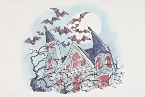 Bats flying against full moon over gothic house Bats flying against full moon over gothic house
