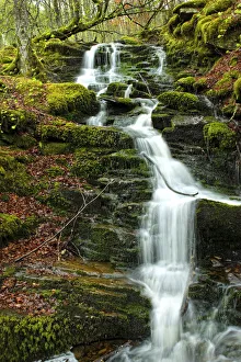 Beautiful Mossy Waterfall Landscape in a Forest in Scotland, United Kingdom Beautiful Mossy Waterfall Landscape in a Forest in Scotland, United Kingdom