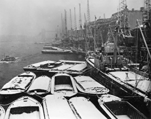 In Berth; Dutch ship Lingestroom covered in snow at Hays Wharf in the Pool of London In Berth; Dutch ship Lingestroom covered in snow at Hays Wharf in the Pool of London