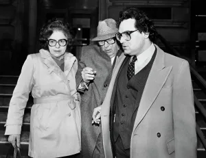 Prints of Reputed mobster Angelo Lonardo (centre, 1911 - 2006) leaving Cleveland Federal courthouse with his wife Mary and his nephew, lawyer Angelo Lonardo Cleveland Prints: Angelo Lonardo Leaving Court Print, 1983