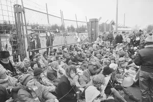 Prints of (Original Caption). Greenham, Common, England: Demonstrators block the gates of the Greenham Common Airbase, England tied together with string Bettmann Archive Prints: Demonstrators Block Greenham Common Gate Print