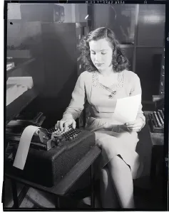 Vintage Office Scene Prints: Girl Using Adding Machine