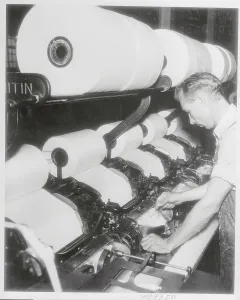 Textile Manufacturing Prints: Man Operating a Comber