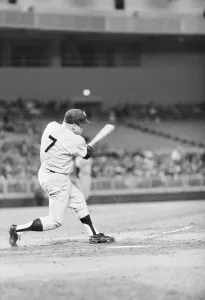Prints of (Original Caption). New York Yankees slugger Mickey Mantle belted a two-run home run in the third inning against Washington here tonight. It was Mantle's second home run of the game New York Prints: Mickey Mantle Hitting a Home Run Print (1950s)