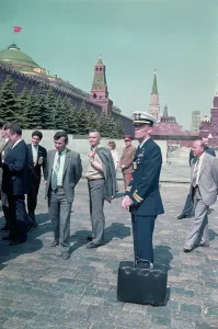 Soviet Union Politics Prints: Officer Guarding American Nuclear Code Briefcase in Red Square