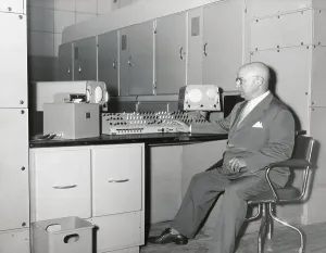 Vintage Computer Technology Prints: Professor Picone at Computerized Control Panel