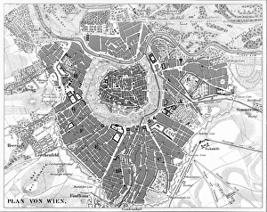 A black-and-white aerial map of Vienna, Austria A black-and-white aerial map of Vienna, Austria