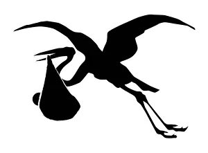 Black and white digital illustration of stork flying with baby bundle held in beak Black and white digital illustration of stork flying with baby bundle held in beak