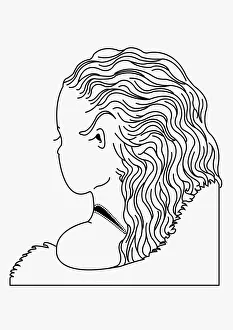 Black and white digital illustration of young girl with long wavy hair Black and white digital illustration of young girl with long wavy hair