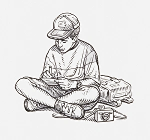 Black and white illustration of a boy sitting cross-legged on the floor and making notes, camera and satchel nearby Black and white illustration of a boy sitting cross-legged on the floor and making notes, camera and satchel nearby