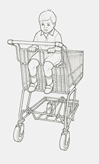Black and white illustration of boy sitting in supermarket trolley Black and white illustration of boy sitting in supermarket trolley