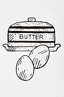 Black and white illustration of butter dish and two eggs Black and white illustration of butter dish and two eggs