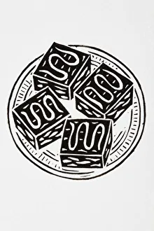 Black and white illustration of four cakes on a plate Black and white illustration of four cakes on a plate