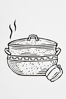 Black and white illustration of casserole and bell pepper Black and white illustration of casserole and bell pepper