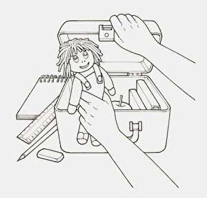 Black and white illustration of childs hand holding doll next to open case filled with books and an apple Black and white illustration of childs hand holding doll next to open case filled with books and an apple