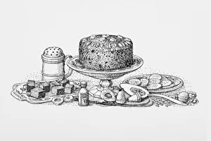 Black and white illustration of fruit and nut cake, slices of cake, and biscuits Black and white illustration of fruit and nut cake, slices of cake, and biscuits