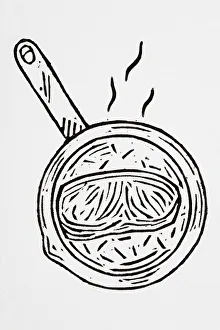 Black and white illustration of frying bacon in pan Black and white illustration of frying bacon in pan