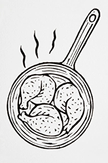 Black and white illustration of frying chicken legs in pan Black and white illustration of frying chicken legs in pan