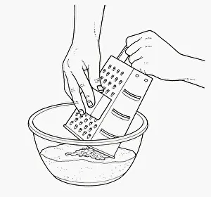 Black and white illustration of grating butter on top of flour in mixing bowl Black and white illustration of grating butter on top of flour in mixing bowl
