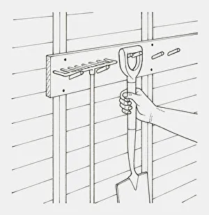 Black and white illustration of hand hanging garden spade next to rake on hooks in a shed Black and white illustration of hand hanging garden spade next to rake on hooks in a shed