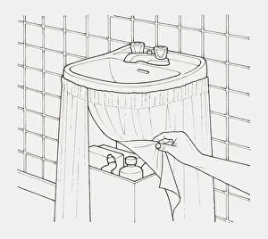 Black and white illustration of hand lifting edge of a curtain hung from a basin, to screen a box of detergents Black and white illustration of hand lifting edge of a curtain hung from a basin, to screen a box of detergents