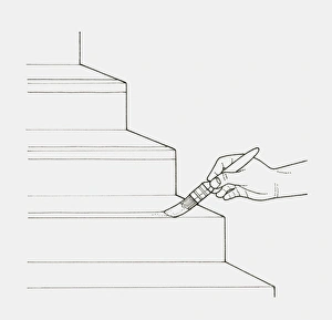 Black and white illustration of hand painting white stripes onto the edge of steps for safety Black and white illustration of hand painting white stripes onto the edge of steps for safety