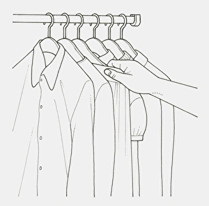 Black and white illustration of hand picking garment from clothes rail Black and white illustration of hand picking garment from clothes rail