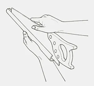 Black and white illustration of hand placing saw in protective cover Black and white illustration of hand placing saw in protective cover
