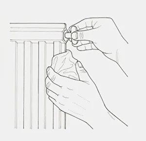 Black and white illustration of hands bleeding a radiator Black and white illustration of hands bleeding a radiator