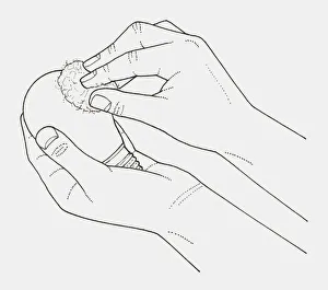 Black and white illustration of hands wiping a light bulb with cotton wool moistened with methylated spirit Black and white illustration of hands wiping a light bulb with cotton wool moistened with methylated spirit