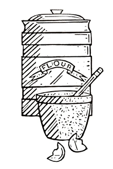 Black and white illustration of jar containing flour, mixing bowl and egg shells Black and white illustration of jar containing flour, mixing bowl and egg shells
