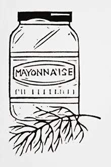 Black and white illustration of jar of mayonnaise and herbs Black and white illustration of jar of mayonnaise and herbs