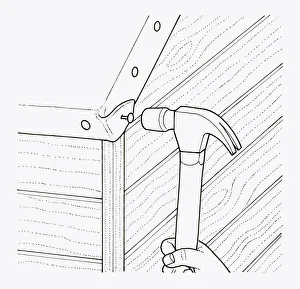 Black and white illustration of of using hammer to nail felt roofing on eaves of garden Black and white illustration of of using hammer to nail felt roofing on eaves of garden