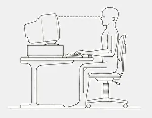Black and white illustration of office worker positioned at computer with back straight and wrists and feet supported Black and white illustration of office worker positioned at computer with back straight and wrists and feet supported