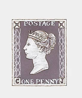 Black and white illustration of Penny Black stamp Black and white illustration of Penny Black stamp