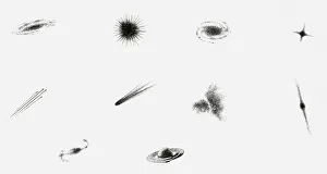 Black and white illustration of planets, stars, comets Black and white illustration of planets, stars, comets