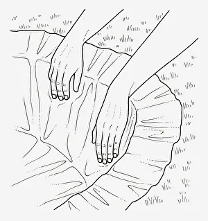 Black and white illustration of positioning pond liner in hole Black and white illustration of positioning pond liner in hole
