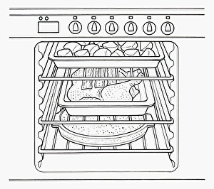 Black and white illustration roast dinner cooking in oven Black and white illustration roast dinner cooking in oven