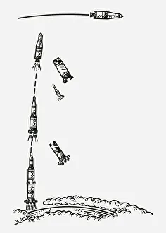 Black and white illustration of Saturn V rocket being launched Black and white illustration of Saturn V rocket being launched