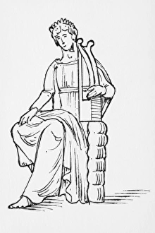Black and white illustration of seated Greek god Apollo playing lyre Black and white illustration of seated Greek god Apollo playing lyre