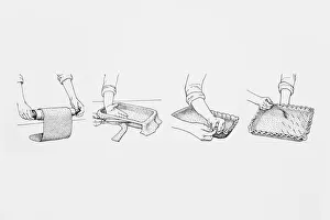 Black and white illustration sequence showing how roll and line a pastry dish Black and white illustration sequence showing how roll and line a pastry dish